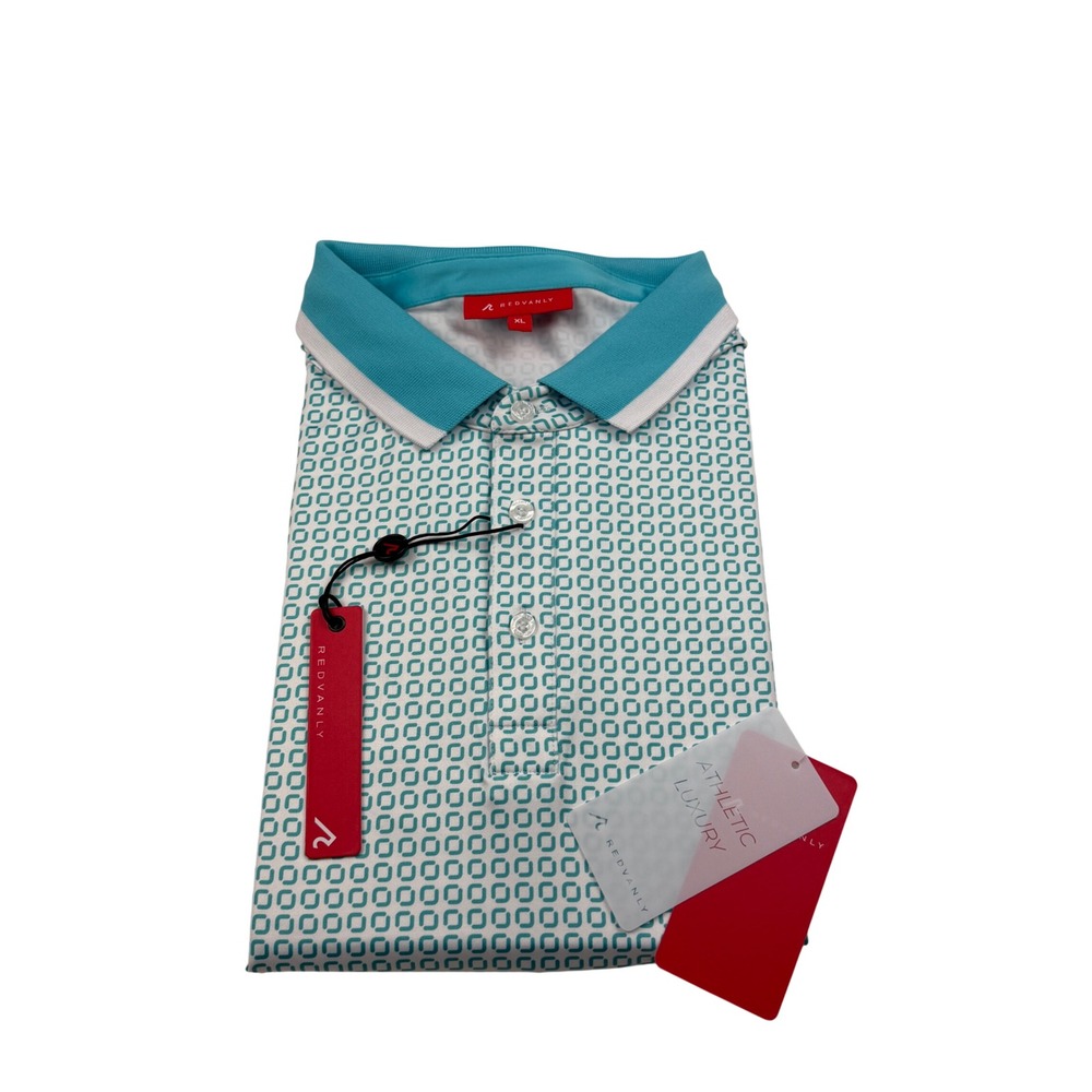 REDVANLY Devine Polo Shirt Mens XL Curacao Blue Geometric Print Golf Top‎ NEW